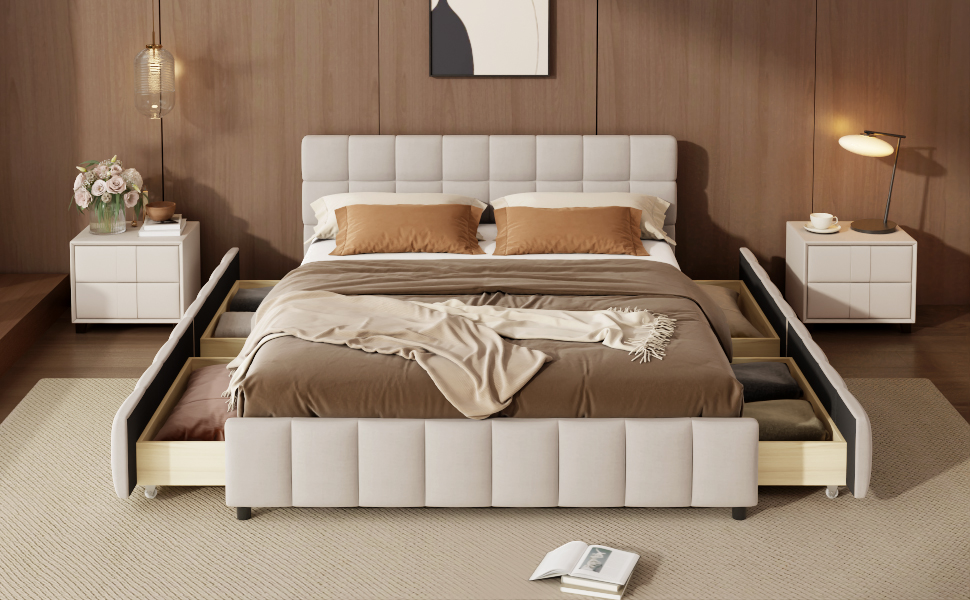 Queen Size Upholstered Platform Bed Frame with 4 Storage Drawers