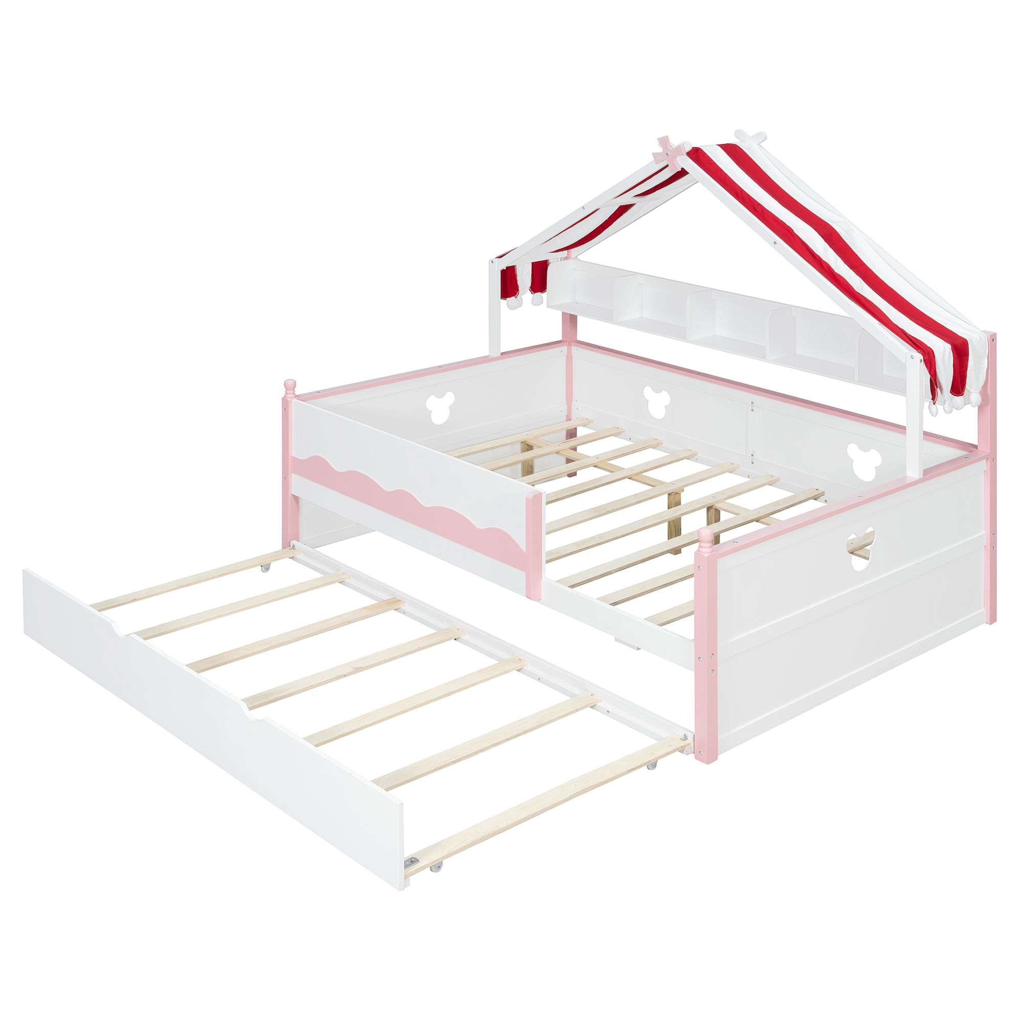 Full Size House-Shaped Daybed with Built-In Bookshelf and Trundle