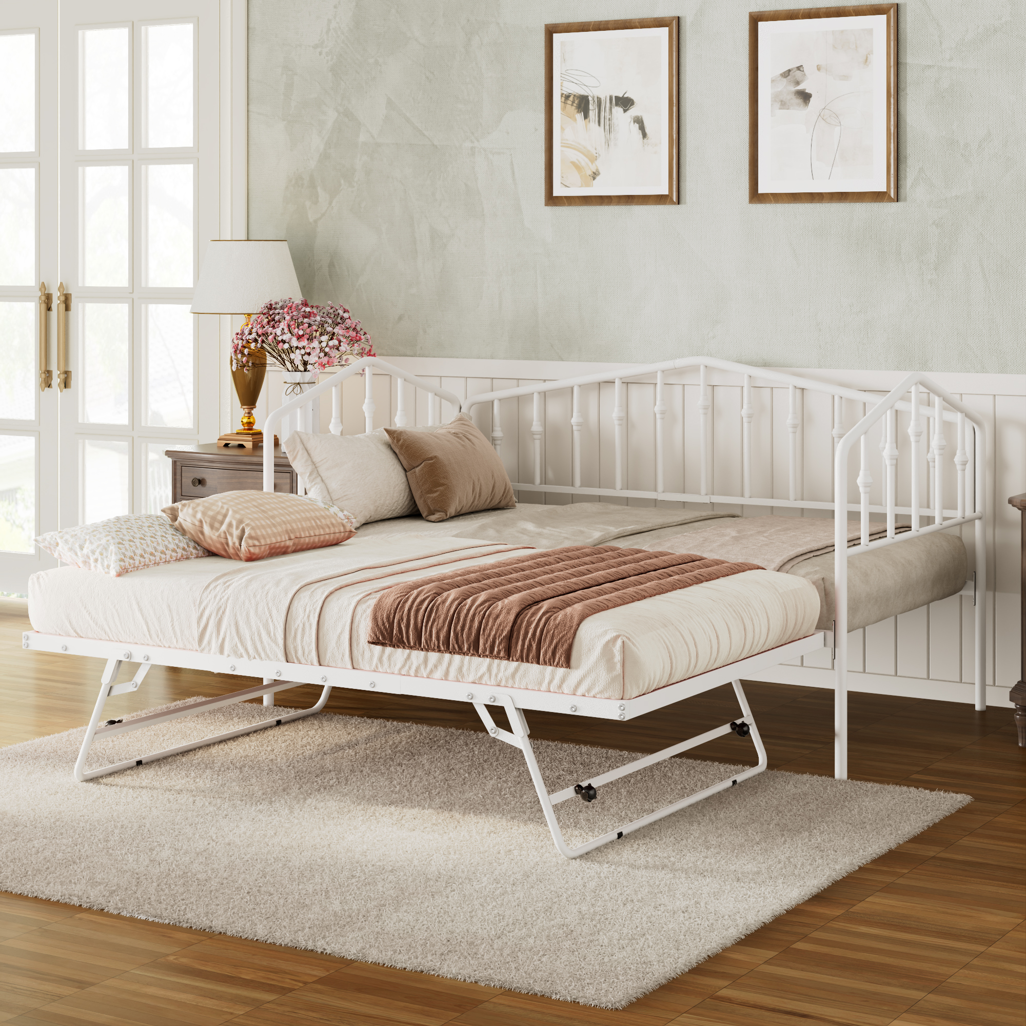 Twin Size Stylish Metal Daybed with Twin Size Adjustable Trundle