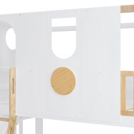 Twin Size Kids Loft Bed With Slide, Storage Shelves And Guardrails