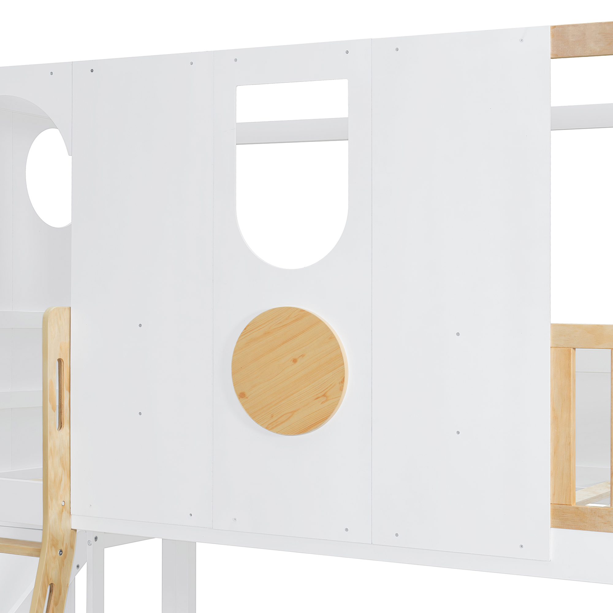 Twin Size Kids Loft Bed With Slide, Storage Shelves And Guardrails