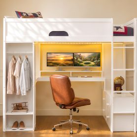 Full Size Solid Wood Loft Bed With L-Shaped Desk, Storage Cabinet and Wardrobe