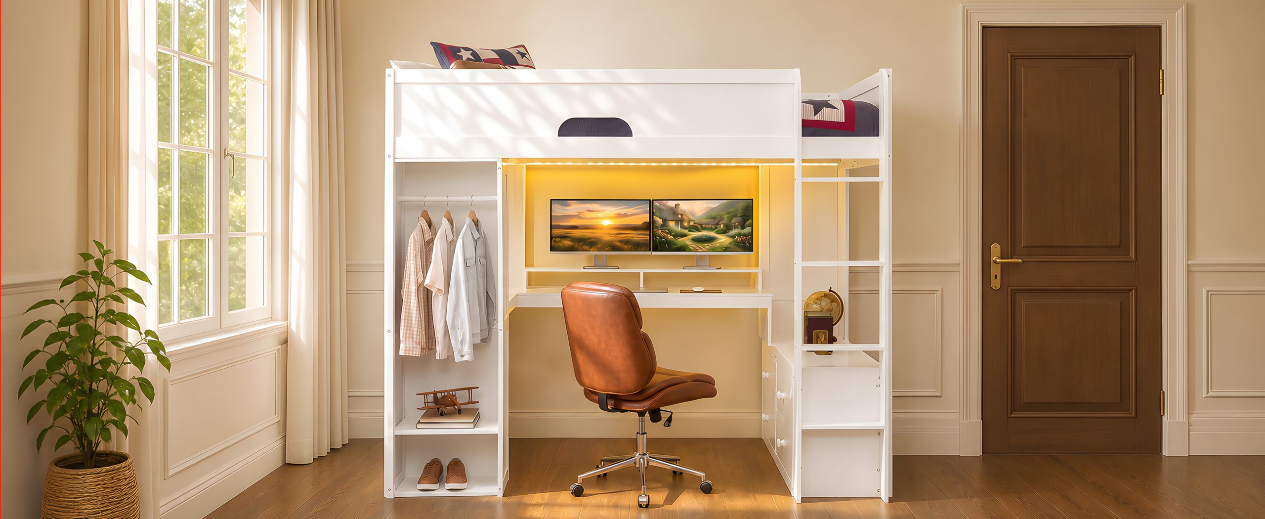 Full Size Solid Wood Loft Bed With L-Shaped Desk, Storage Cabinet and Wardrobe