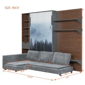 Twin Murphy Bed with Storage Cabinet, Open Shelving & USB Port, Large Sofa Front