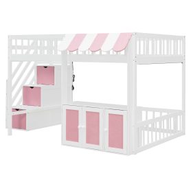 Full Size Loft Bed with Storage Steps, LED Light, Under Bed Cabinets