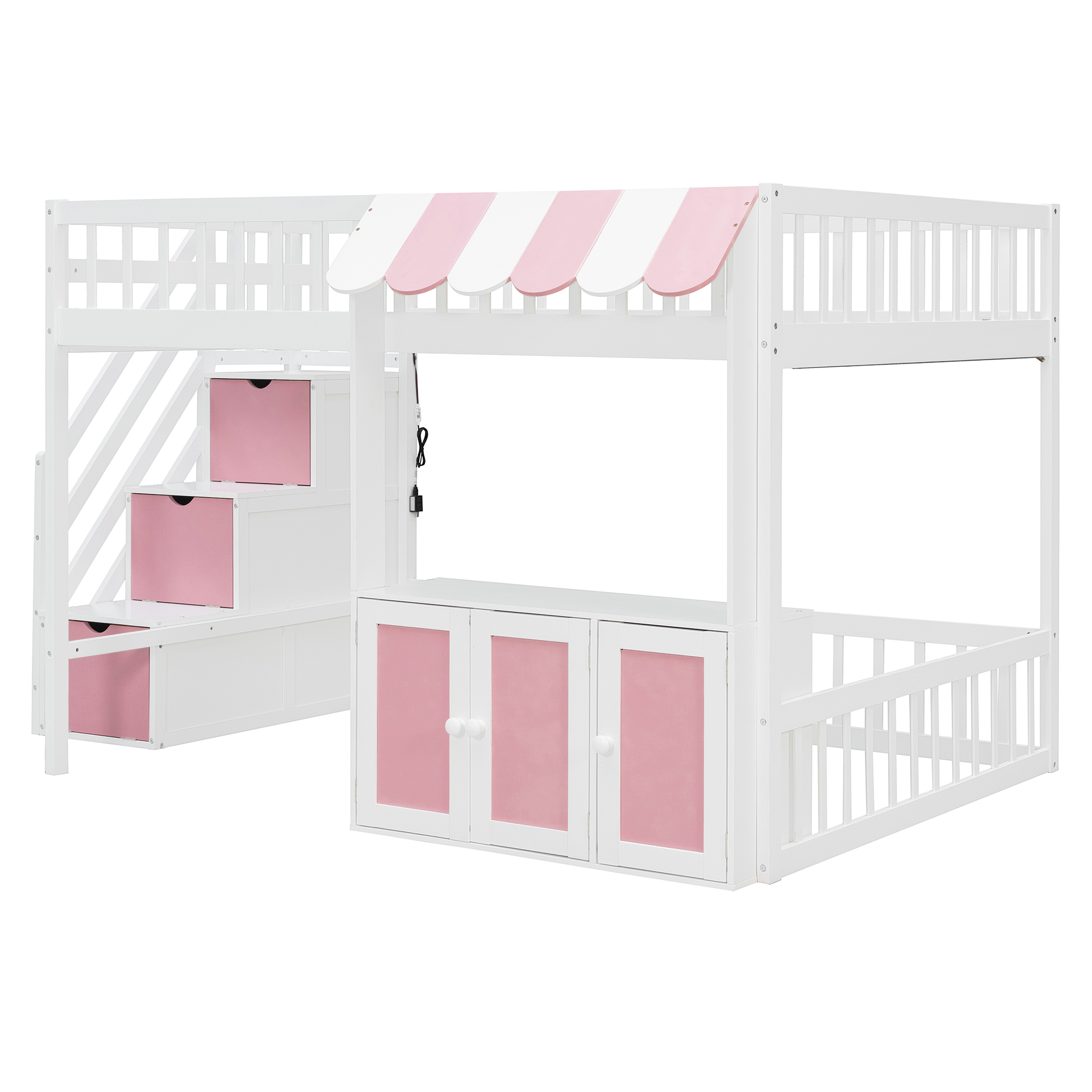 Full Size Loft Bed with Storage Steps, LED Light, Under Bed Cabinets