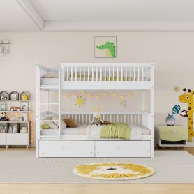 Twin Over Twin Pine Wood Bunk Bed With 2 Drawers, Convertible into 2 Twin Beds