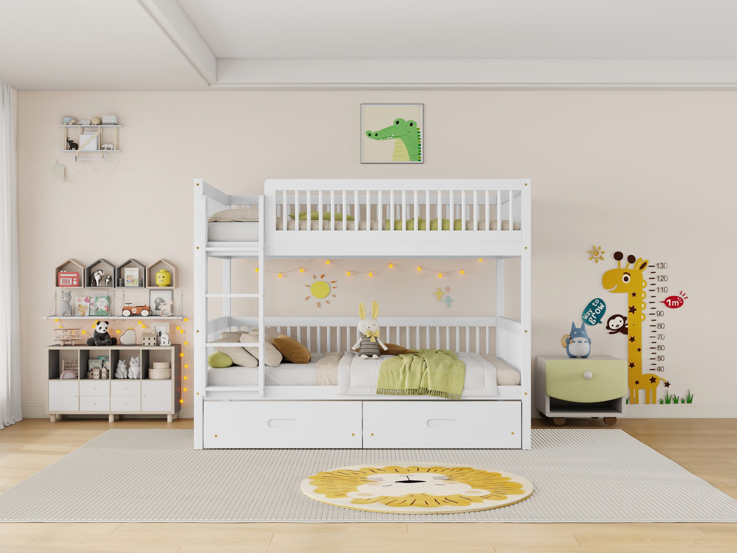 Twin Over Twin Pine Wood Bunk Bed With 2 Drawers, Convertible into 2 Twin Beds