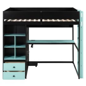 Full Size Solid Wood Loft Bed with Desk, Storage Cabinet and Wardrobe