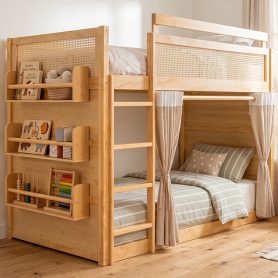 Twin Size Bunk Bed with 3-Tier Storage Shelf, Rattan Decor, Privacy Curtains & Lights