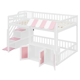 Full Size Loft Bed with Storage Steps, LED Light, Under Bed Cabinets