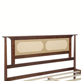 Queen Size Solid Wooden Bed with Rattan Headboard