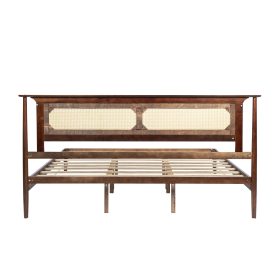 King Size Solid Wooden Bed with Rattan Headboard