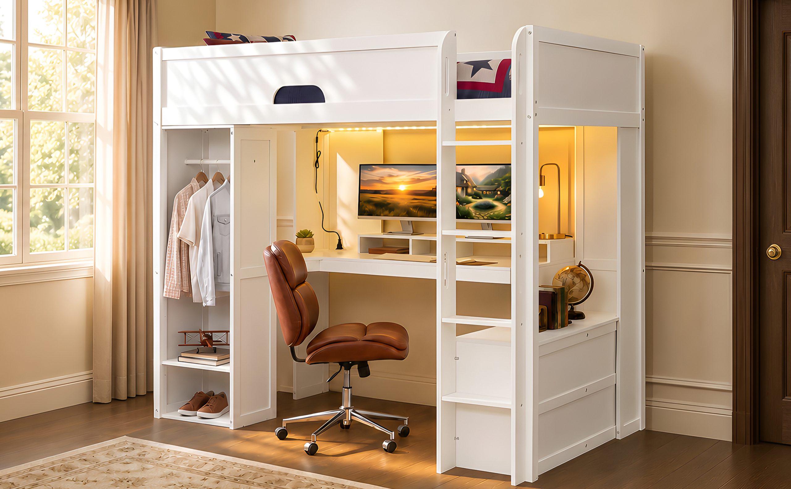 Full Size Solid Wood Loft Bed With L-Shaped Desk, Storage Cabinet and Wardrobe