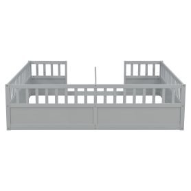 Double Pine Wood Twin Floor Bed with Semi-Enclosed Safety Guardrails, Open Entrance