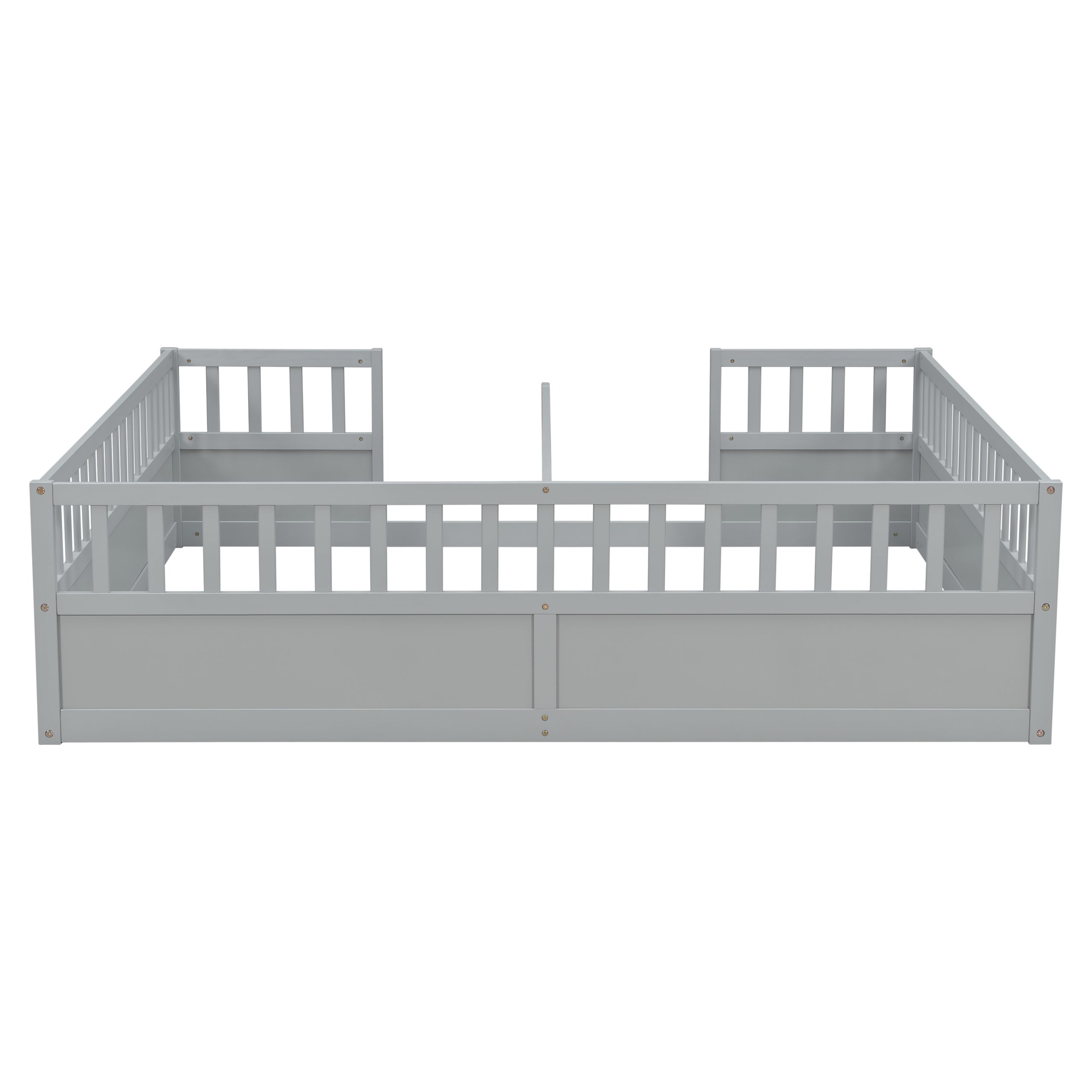 Double Pine Wood Twin Floor Bed with Semi-Enclosed Safety Guardrails, Open Entrance