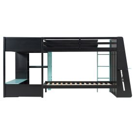L-Shaped Wooden Twin Size Gaming Bed Frame with RGB LED Lights, USB Ports, TV Stand & Storage Shelves