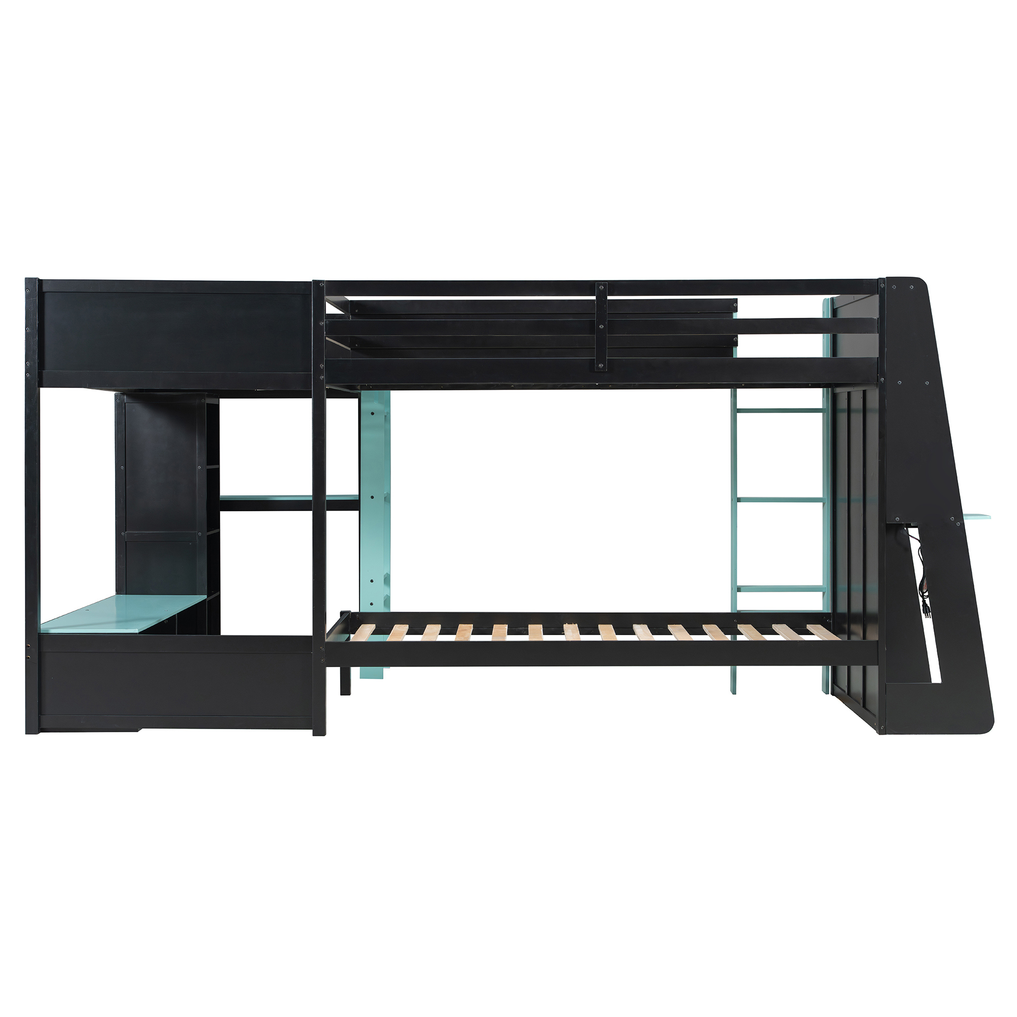L-Shaped Wooden Twin Size Gaming Bed Frame with RGB LED Lights, USB Ports, TV Stand & Storage Shelves