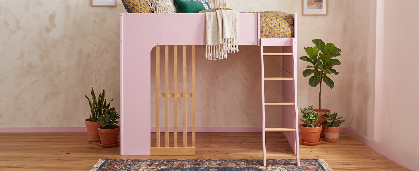 Full Size Wooden High Sleeper Loft Bed with Ladder and Storage Shelves