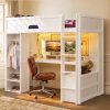 Full Size Solid Wood Loft Bed With L-Shaped Desk, Storage Cabinet and Wardrobe