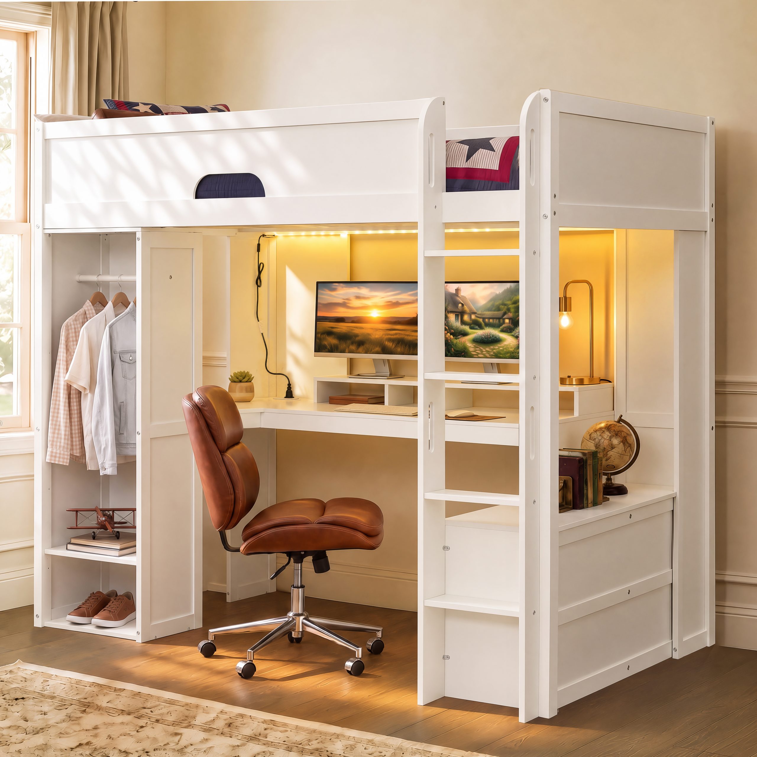 Full Size Solid Wood Loft Bed With L-Shaped Desk, Storage Cabinet and Wardrobe