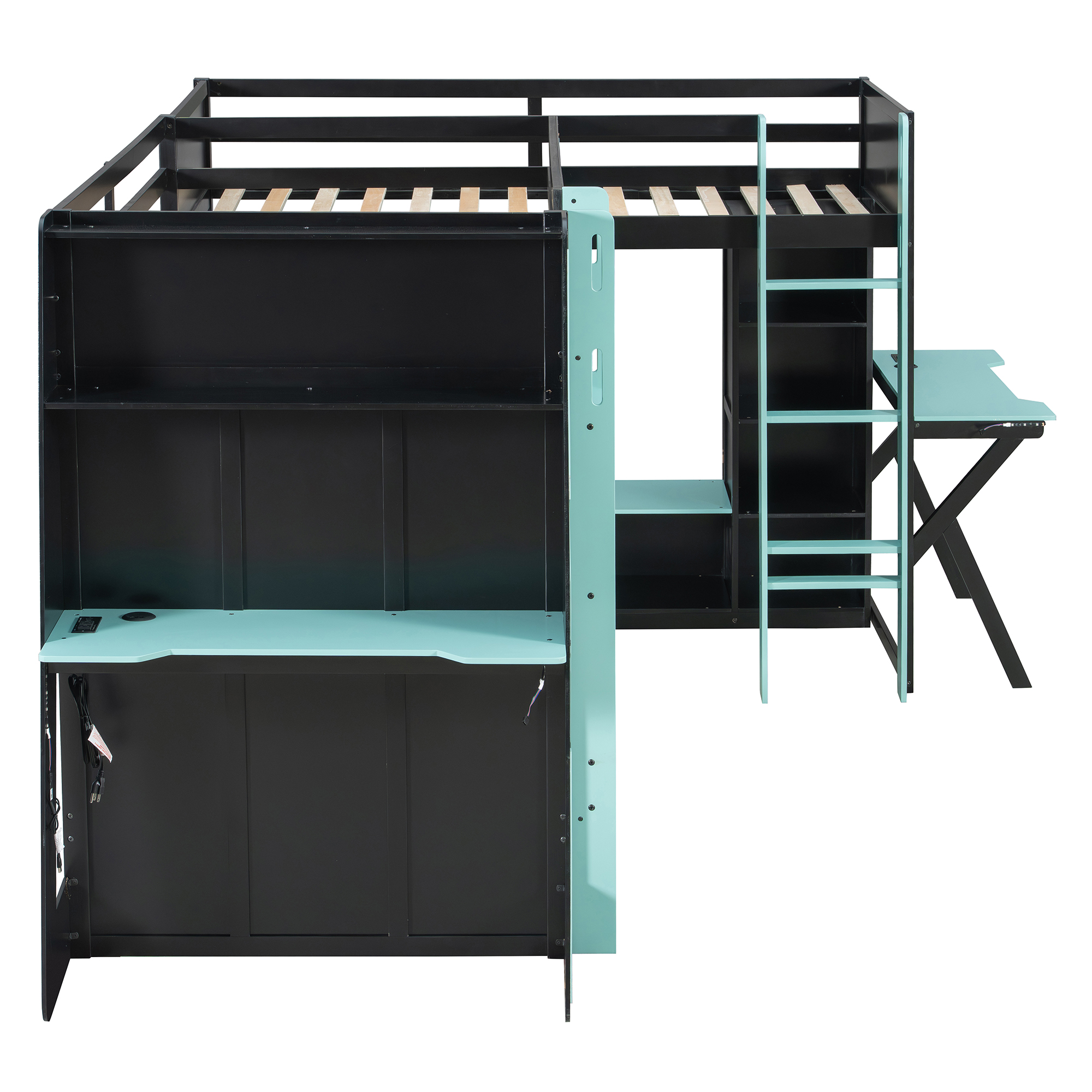 L-Shaped Wooden Twin Size Gaming Bed Frame with RGB LED Lights, USB Ports, TV Stand & Storage Shelves