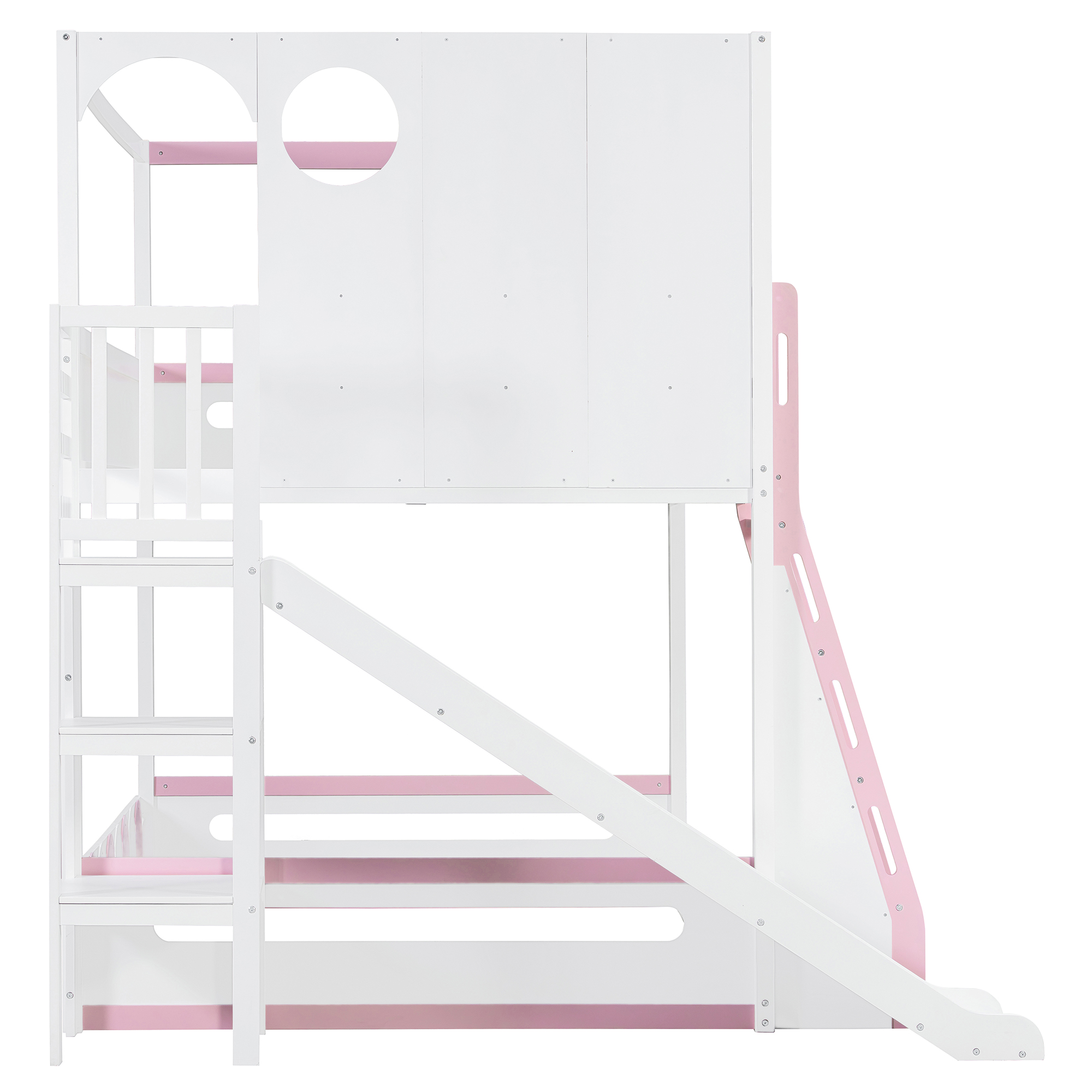 Full Size Kids Loft Bed With Slide, Storage Shelves And Guardrails
