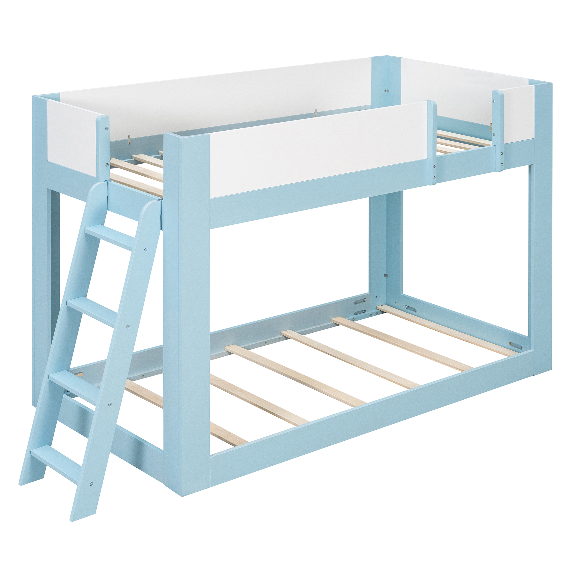 Twin Size Low Convertible Bunk Bed With Reversible Ladder And Safety Guardrails