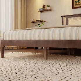 Queen Size Solid Wooden Bed with Rattan Headboard