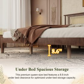 King Size Solid Wooden Bed with Rattan Headboard