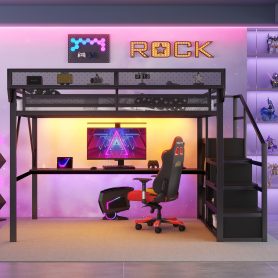 Metal Queen Size Loft Bed With Desk, Charging Station, Stairs And Light