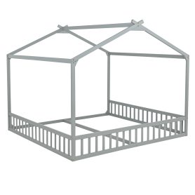 Double Twin House-Shaped Floor Bed with Safety Guardrails