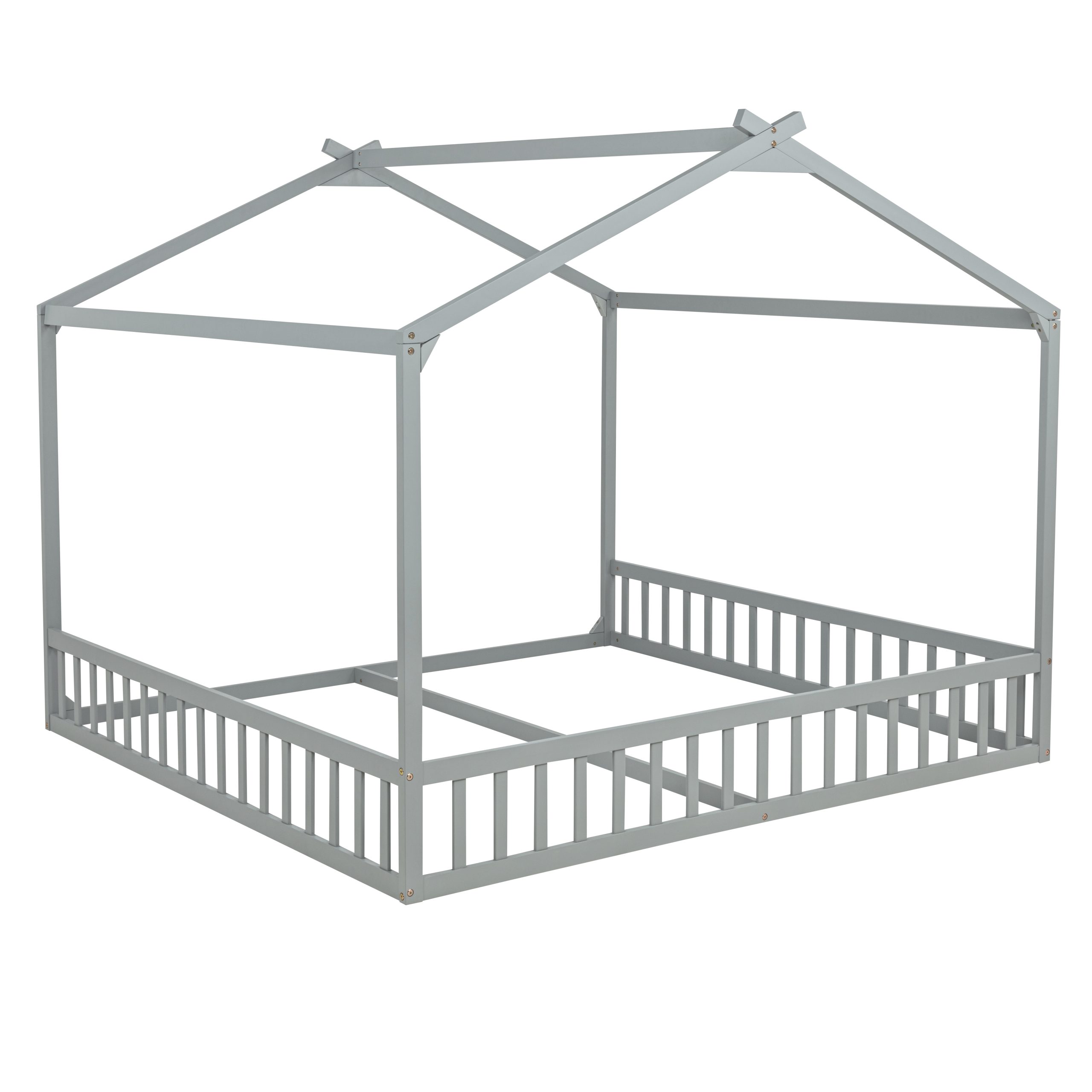 Double Twin House-Shaped Floor Bed with Safety Guardrails