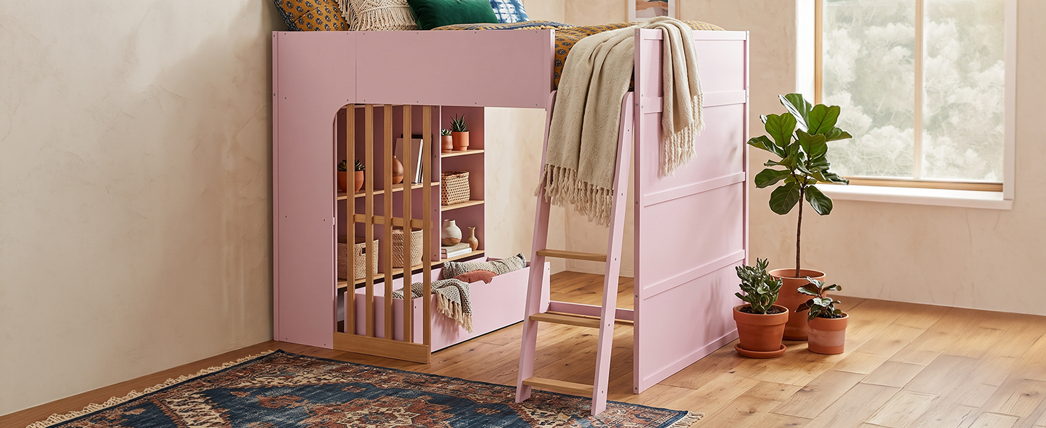 Full Size Wooden High Sleeper Loft Bed with Ladder and Storage Shelves