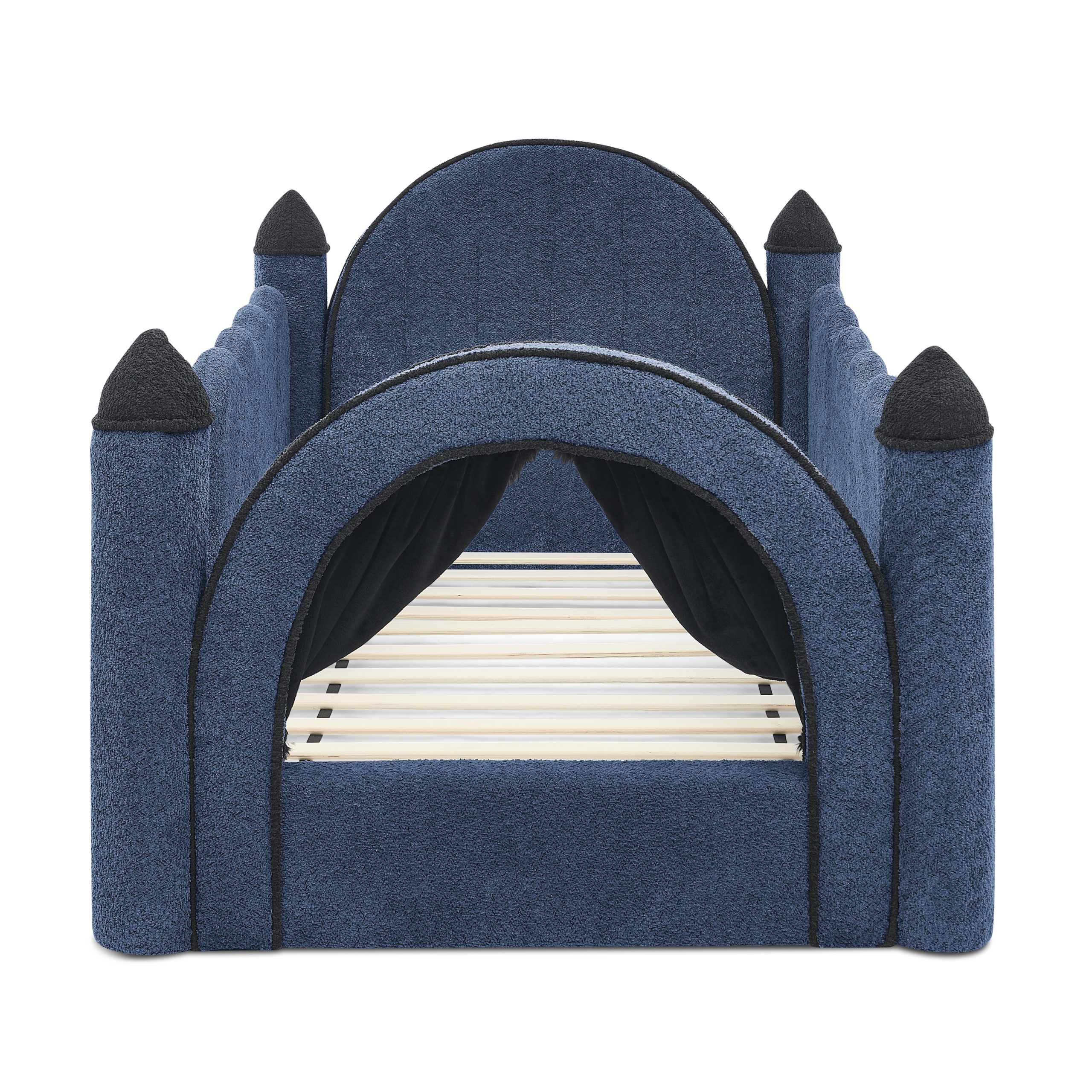 Twin Size Castle Bed with Safety Guardrail and Curtain