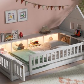 Twin Size Wood Floor Bed With Guardrail,  Storage Cabinets, LED, USB Port & Plug Outlets
