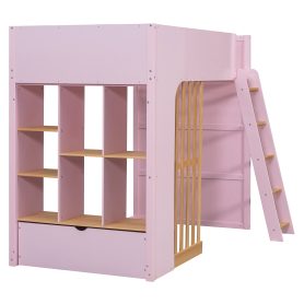 Twin Size Wooden High Sleeper Loft Bed with Ladder and Storage Shelves