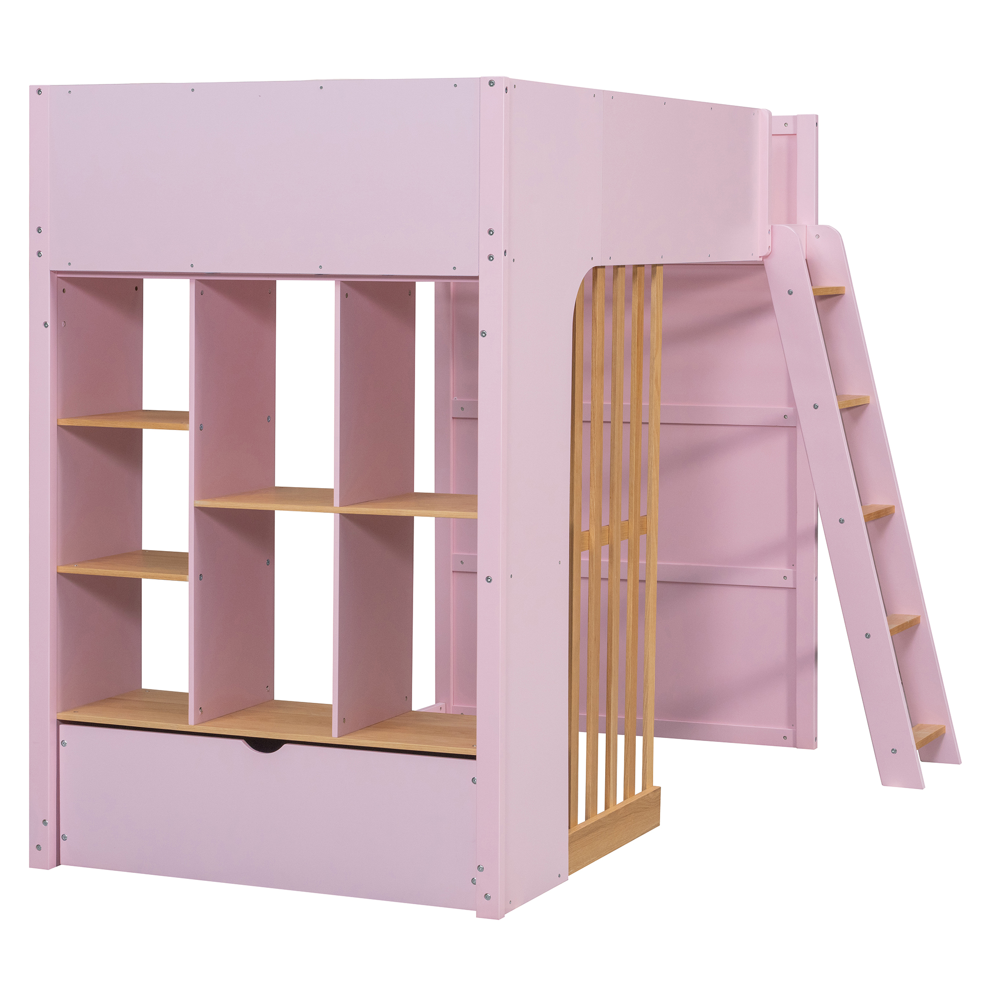Twin Size Wooden High Sleeper Loft Bed with Ladder and Storage Shelves