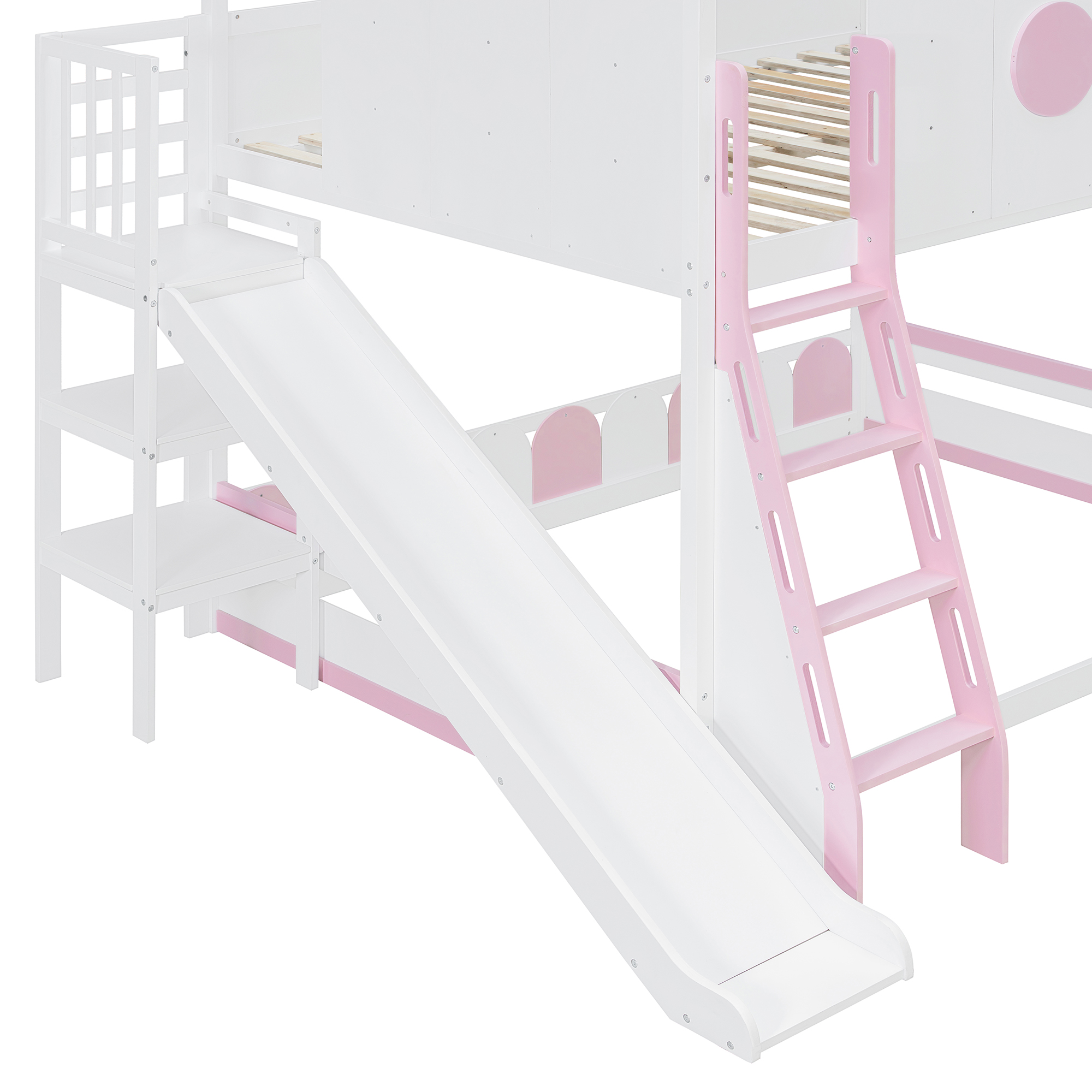 Full Size Kids Loft Bed With Slide, Storage Shelves And Guardrails