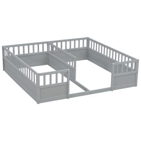 Double Pine Wood Twin Floor Bed with Semi-Enclosed Safety Guardrails, Open Entrance