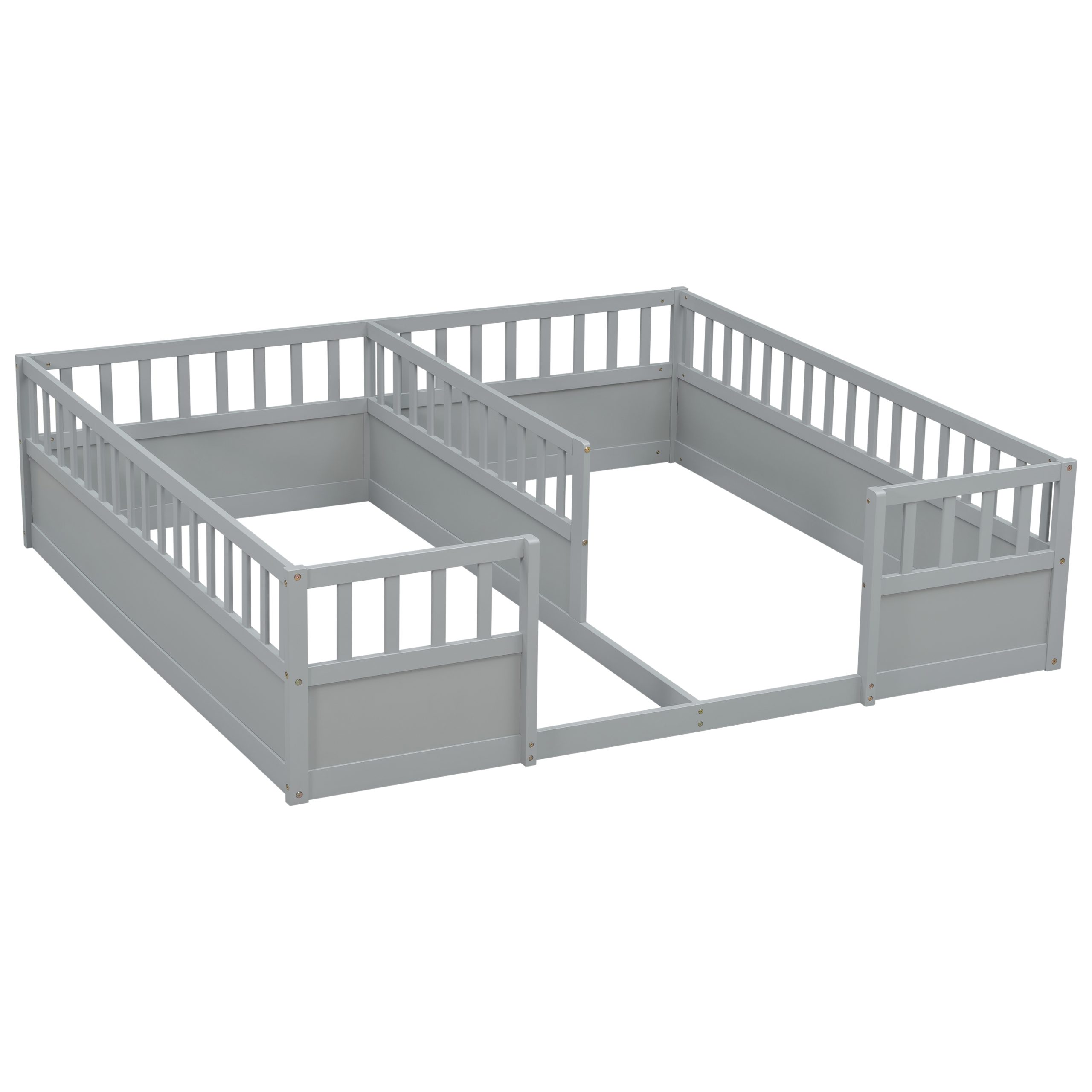 Double Pine Wood Twin Floor Bed with Semi-Enclosed Safety Guardrails, Open Entrance