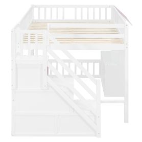 Full Size Loft Bed with Storage Steps, LED Light, Under Bed Cabinets