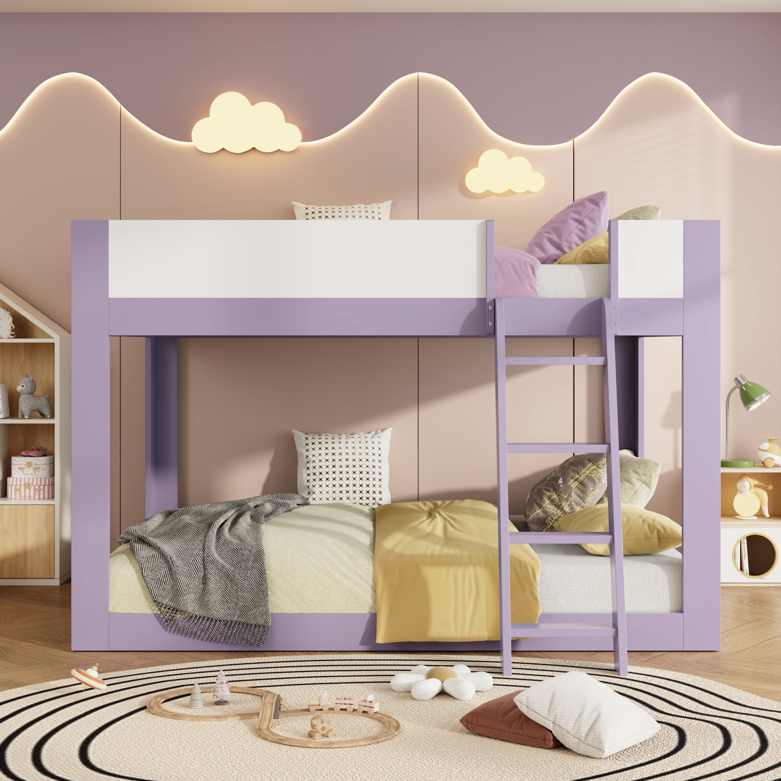 Queen Size Low Convertible Bunk Bed With Reversible Ladder And Safety Guardrails