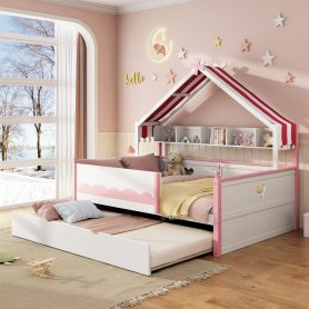 Full Size House-Shaped Daybed with Built-In Bookshelf and Trundle