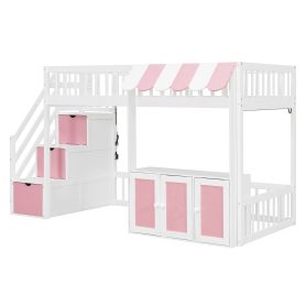Twin Size Loft Bed with Storage Steps, LED Light, Under Bed Cabinets
