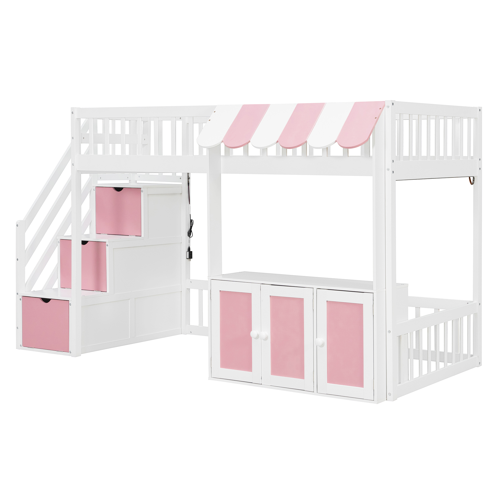 Twin Size Loft Bed with Storage Steps, LED Light, Under Bed Cabinets