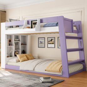 Twin Over Twin XL Bunk Bed with Storage Shelves & Guardrail Storage Basket