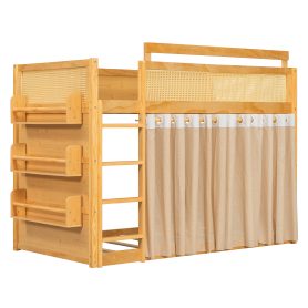 Twin Size Bunk Bed with 3-Tier Storage Shelf, Rattan Decor, Privacy Curtains & Lights