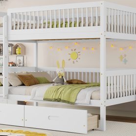 Twin Over Twin Pine Wood Bunk Bed With 2 Drawers, Convertible into 2 Twin Beds