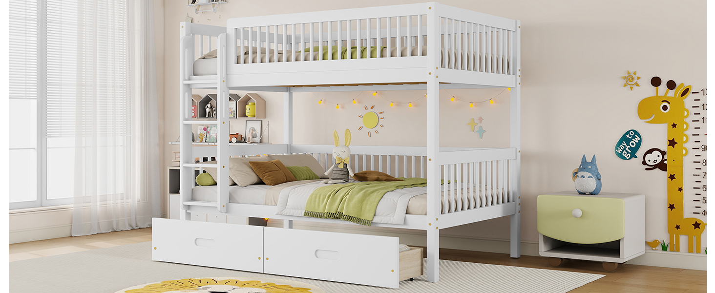 Twin Over Twin Pine Wood Bunk Bed With 2 Drawers, Convertible into 2 Twin Beds